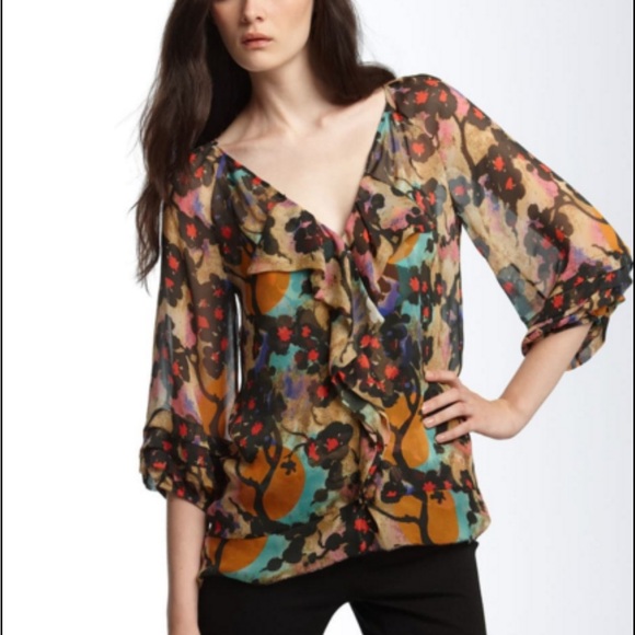 Diane von Furstenberg DVF Silk Ruffle Blouse Floral - Picture 1 of 7